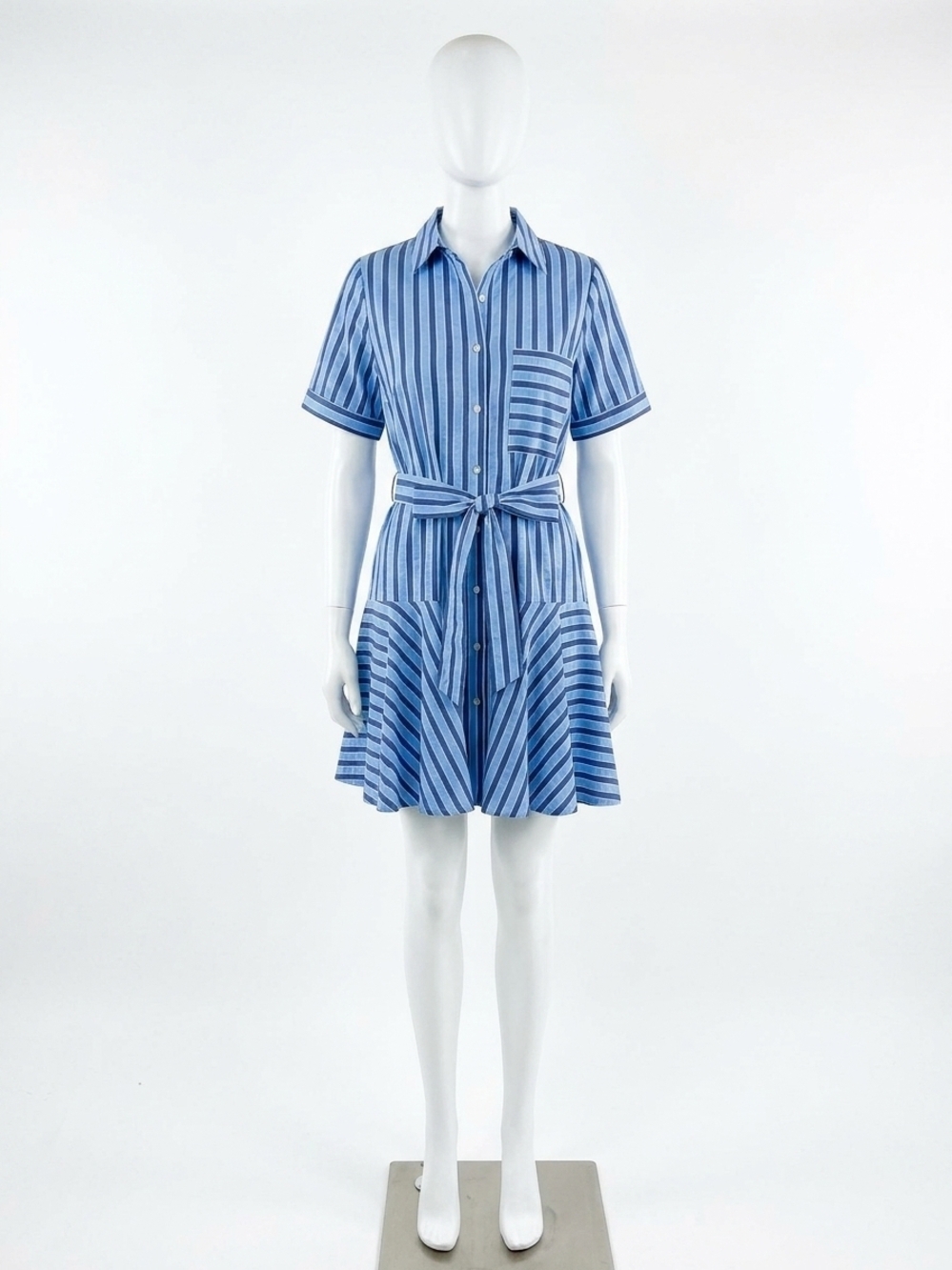 NEW ENTRO front button mini dress in blue and navy stripe